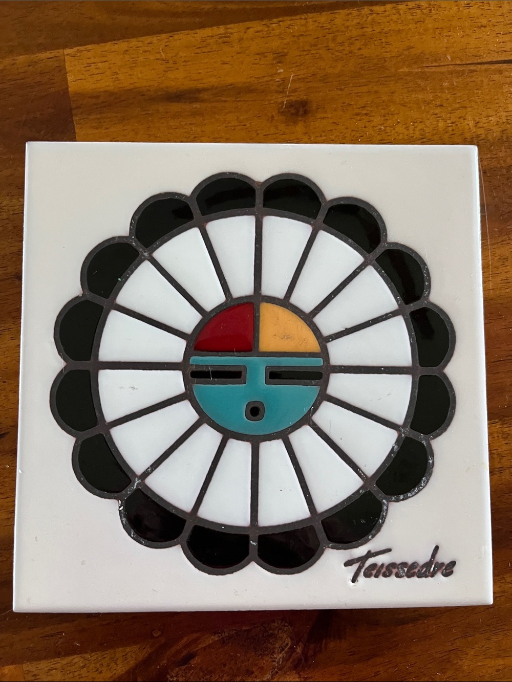 Vtg Cleo Teissedre ZUNI Sun God 6” Ceramic Tile Trivet Decor Southwestern *READ*